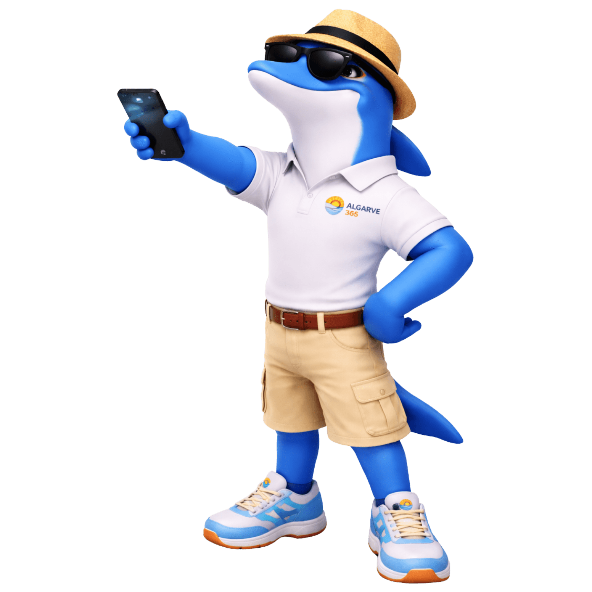 Mascote Algarve365 com telemóvel a convidar à transferência da aplicação